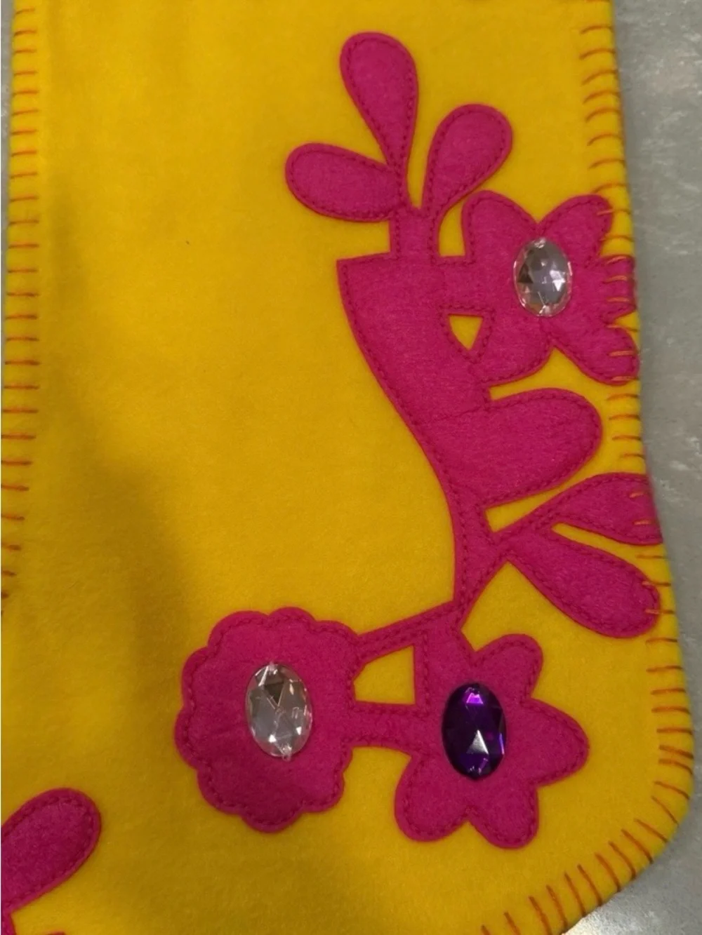 Vintage Old Navy Felt Christmas Stocking Pink Yellow Floral Gem Holiday Decor